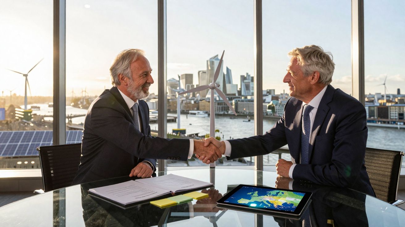 Dois homens de terno apertando as mãos em escritório com vista para turbinas eólicas e painéis solares.