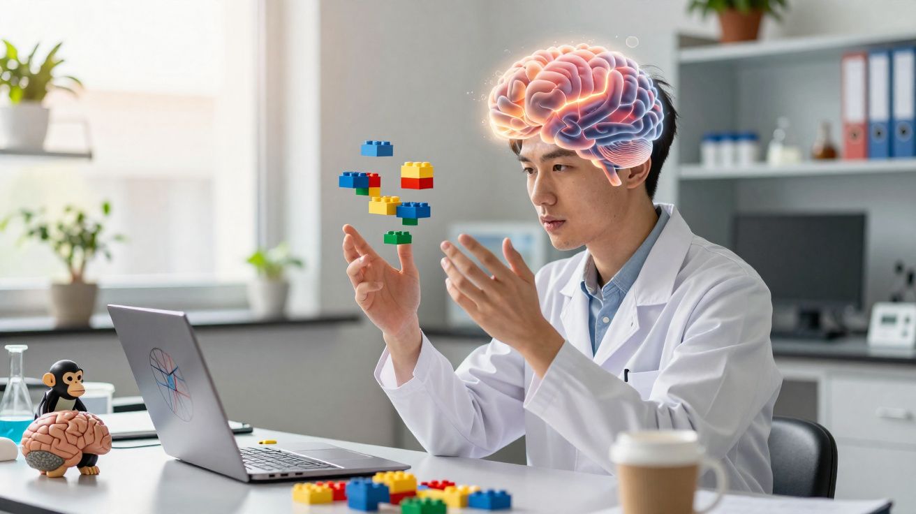 Cientista com jaleco interage com peças de montar coloridas em laboratório, com cérebro virtual destacado.