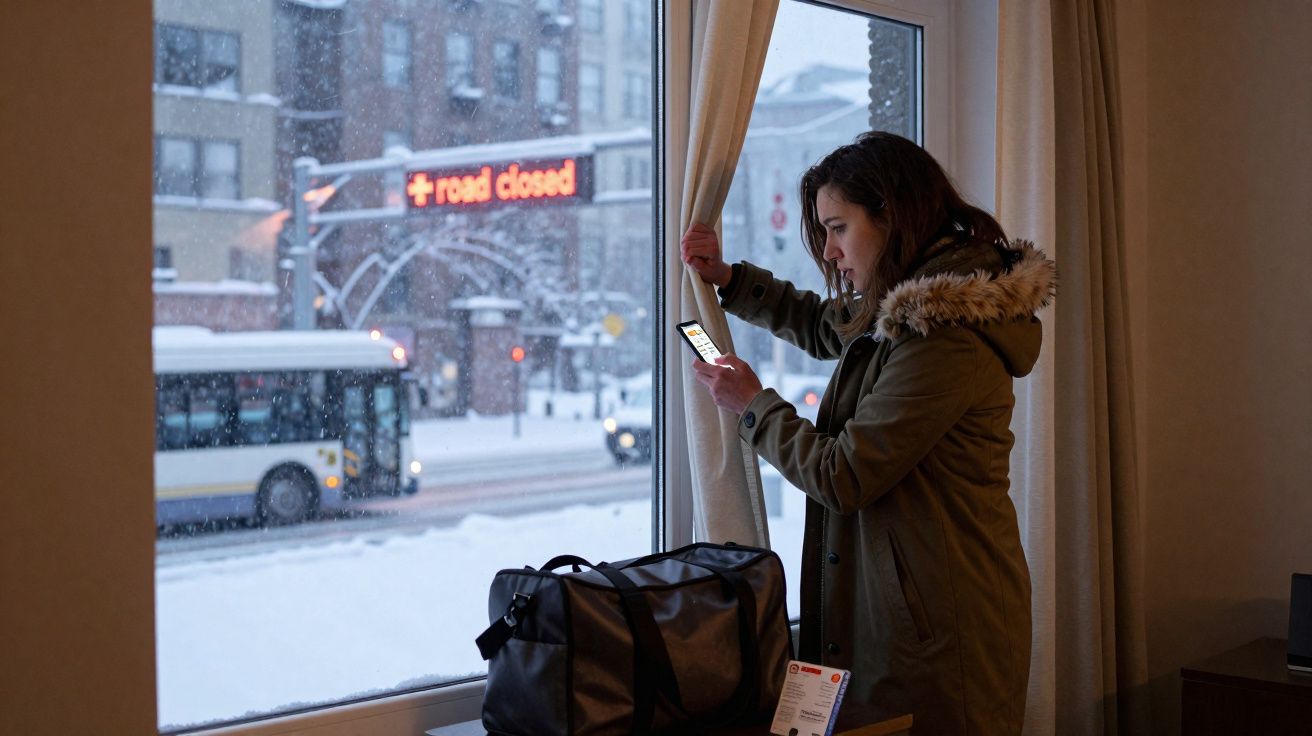 Mulher de casaco olhando celular perto de janela com neve e placas indicando estrada fechada.