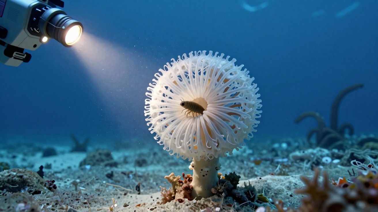 Ilustração subaquática de câmera iluminando um coral branco com tentáculos em formato circular no fundo do mar.