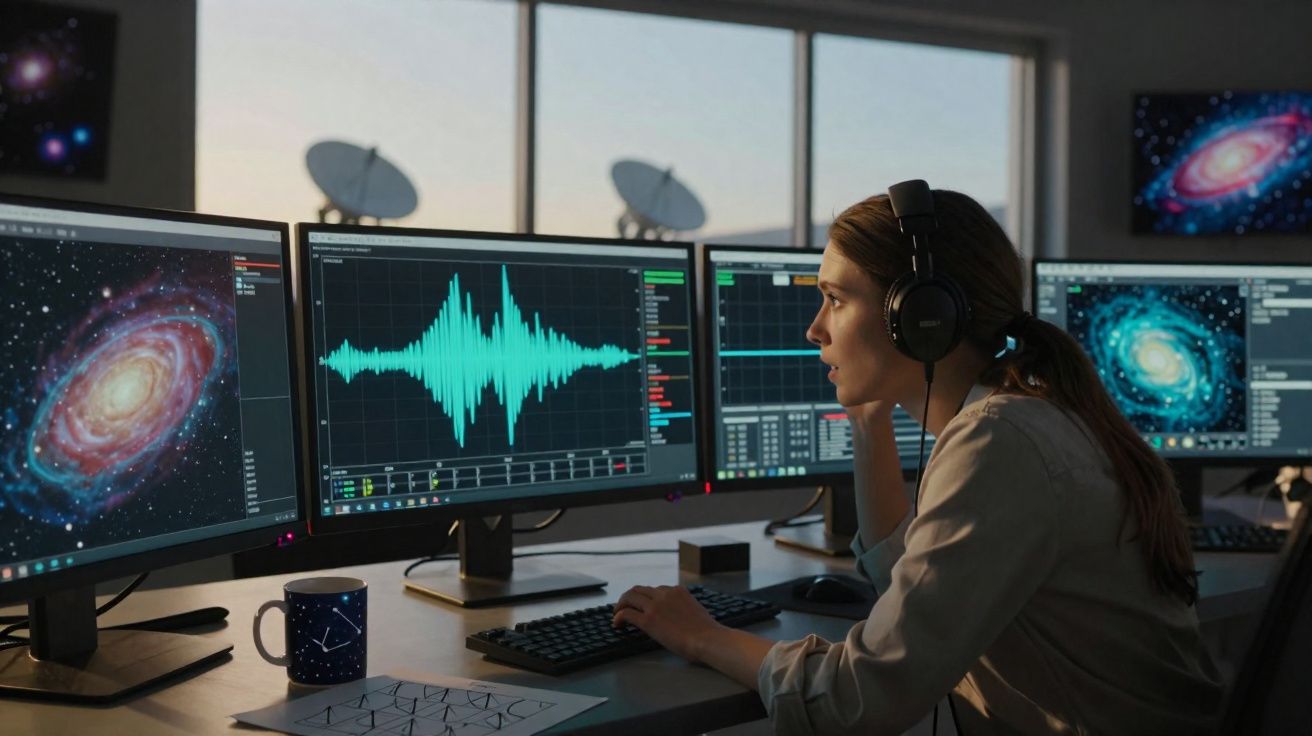 Mulher com fones de ouvido analisando ondas sonoras e imagens de galáxias em múltiplos monitores.