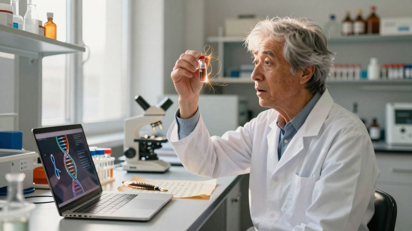 Cientista analisando amostra em tubo de ensaio em laboratório com laptop e microscópio ao fundo.
