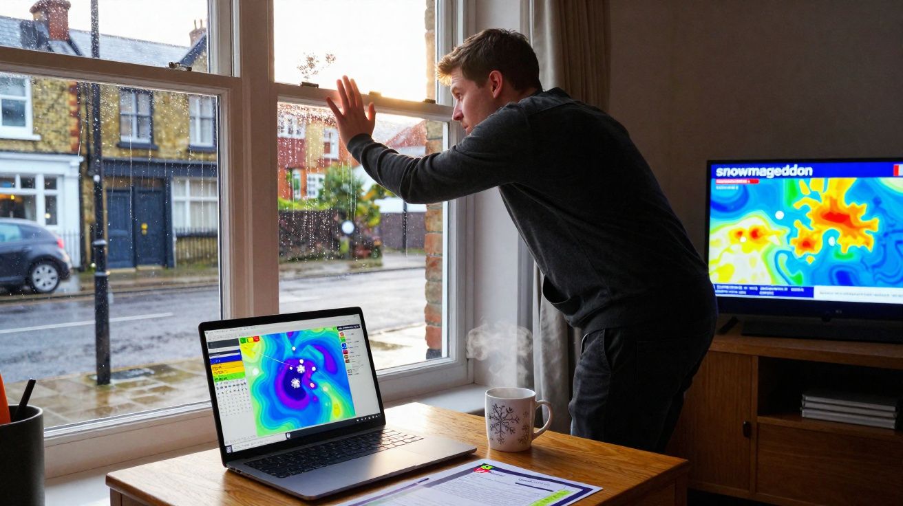 Homem observa chuva pela janela, com laptop e televisão exibindo mapas meteorológicos na mesa à sua frente.