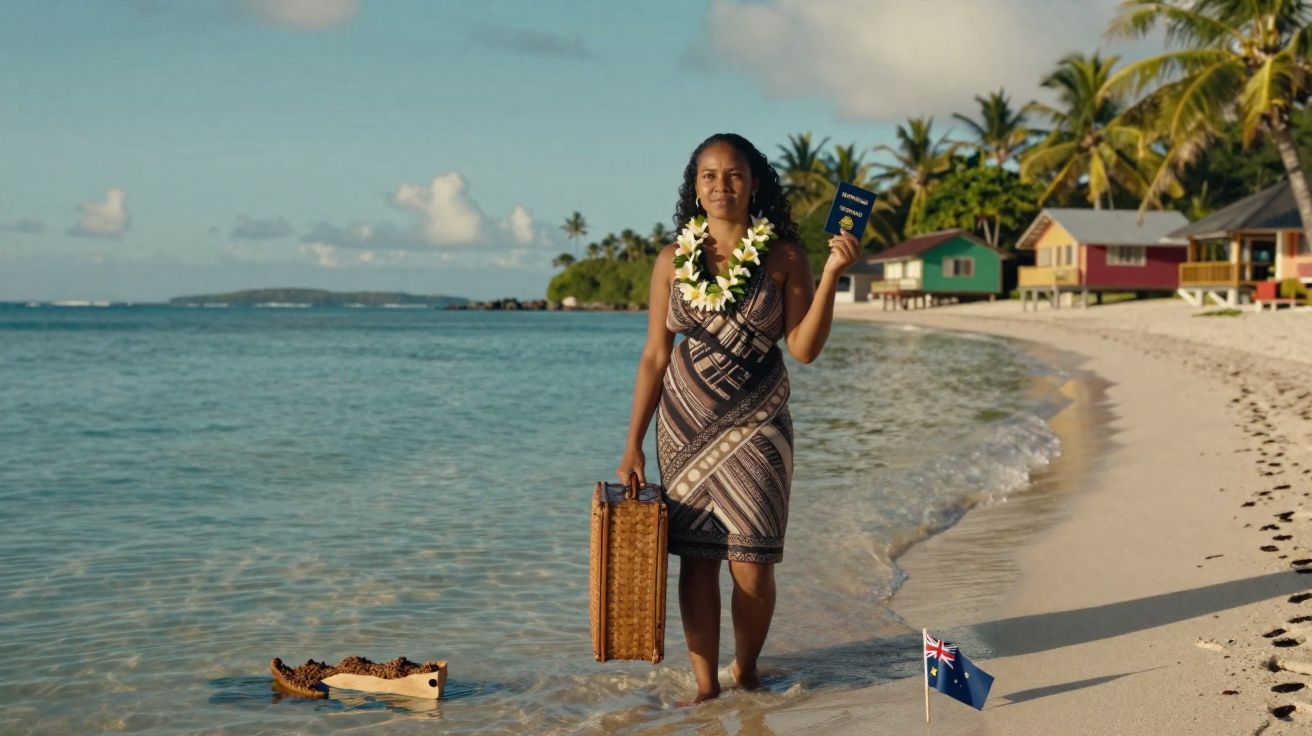 Mulher na praia segurando mala e passaporte, com colar de flores, de frente para o mar e casas coloridas ao fundo.
