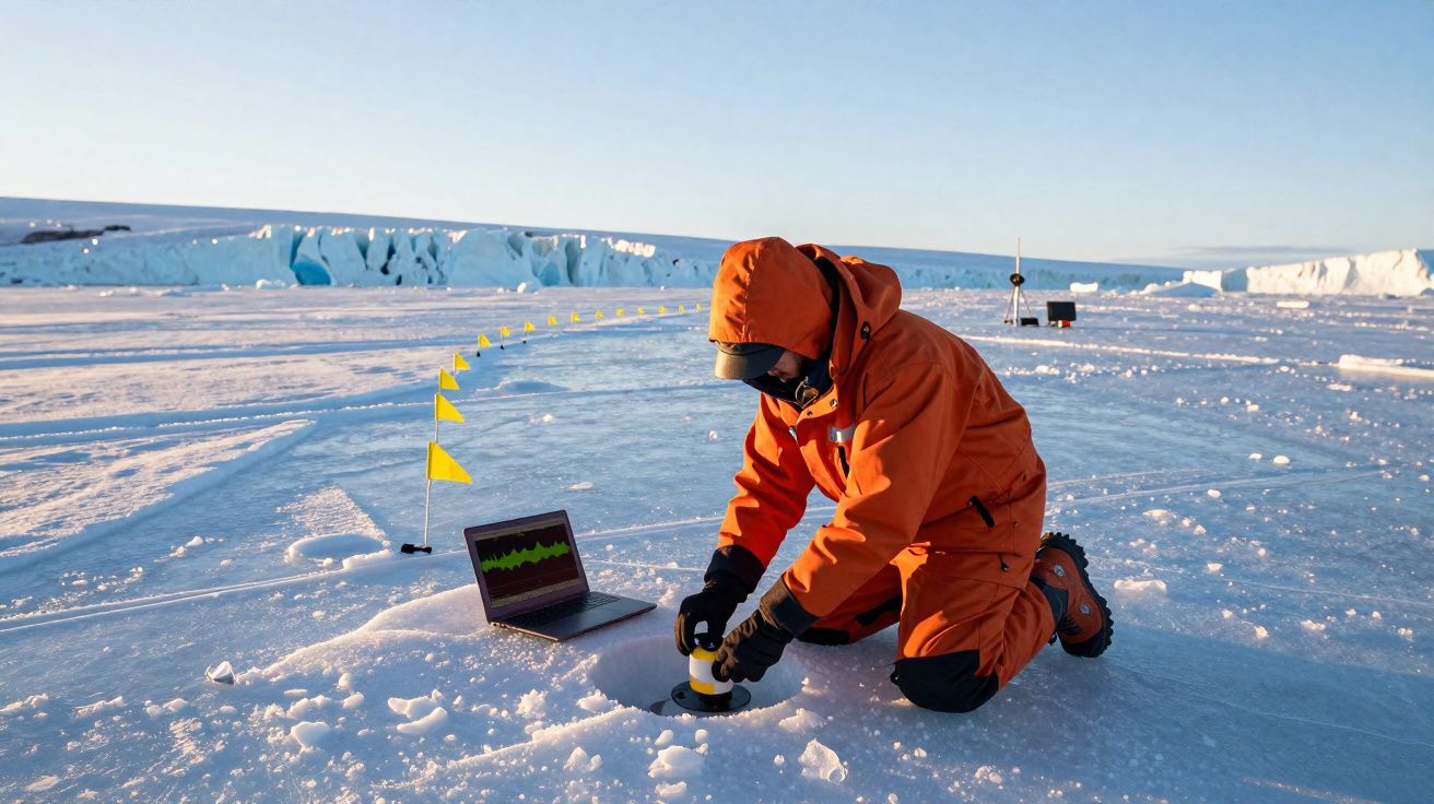 Pesquisador com roupa laranja coleta dados em equipamento sobre gelo congelado em região polar.