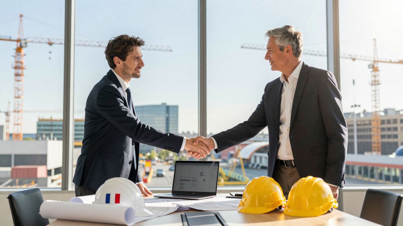 Dois homens de terno apertando mãos em escritório de obra com capacetes e planta na mesa.