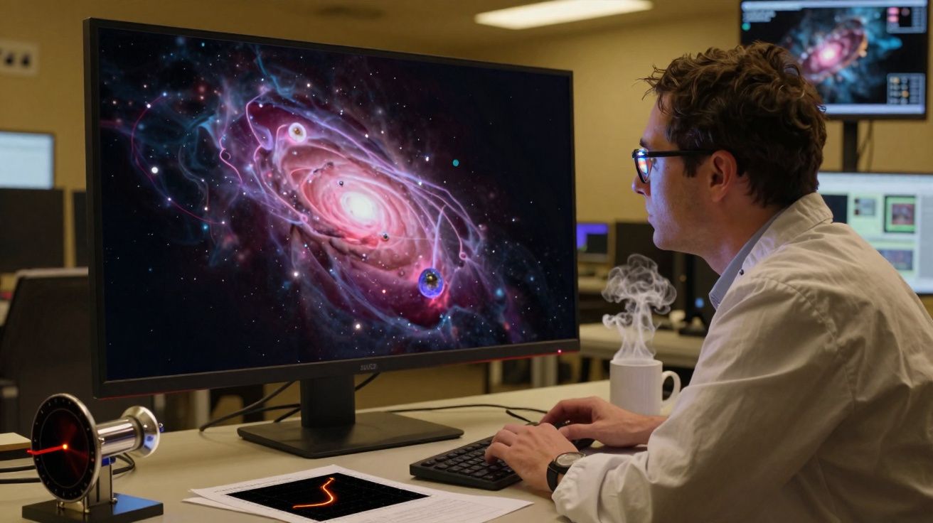 Homem usando óculos observa imagem de galáxia colorida em grande monitor de computador em laboratório.