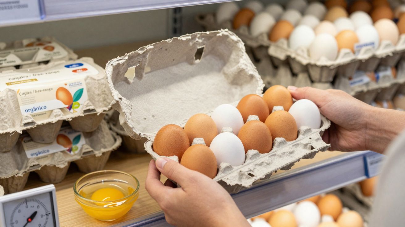 Pessoa segurando caixa com ovos brancos e marrons em supermercado, com ovos e gema em recipiente ao lado