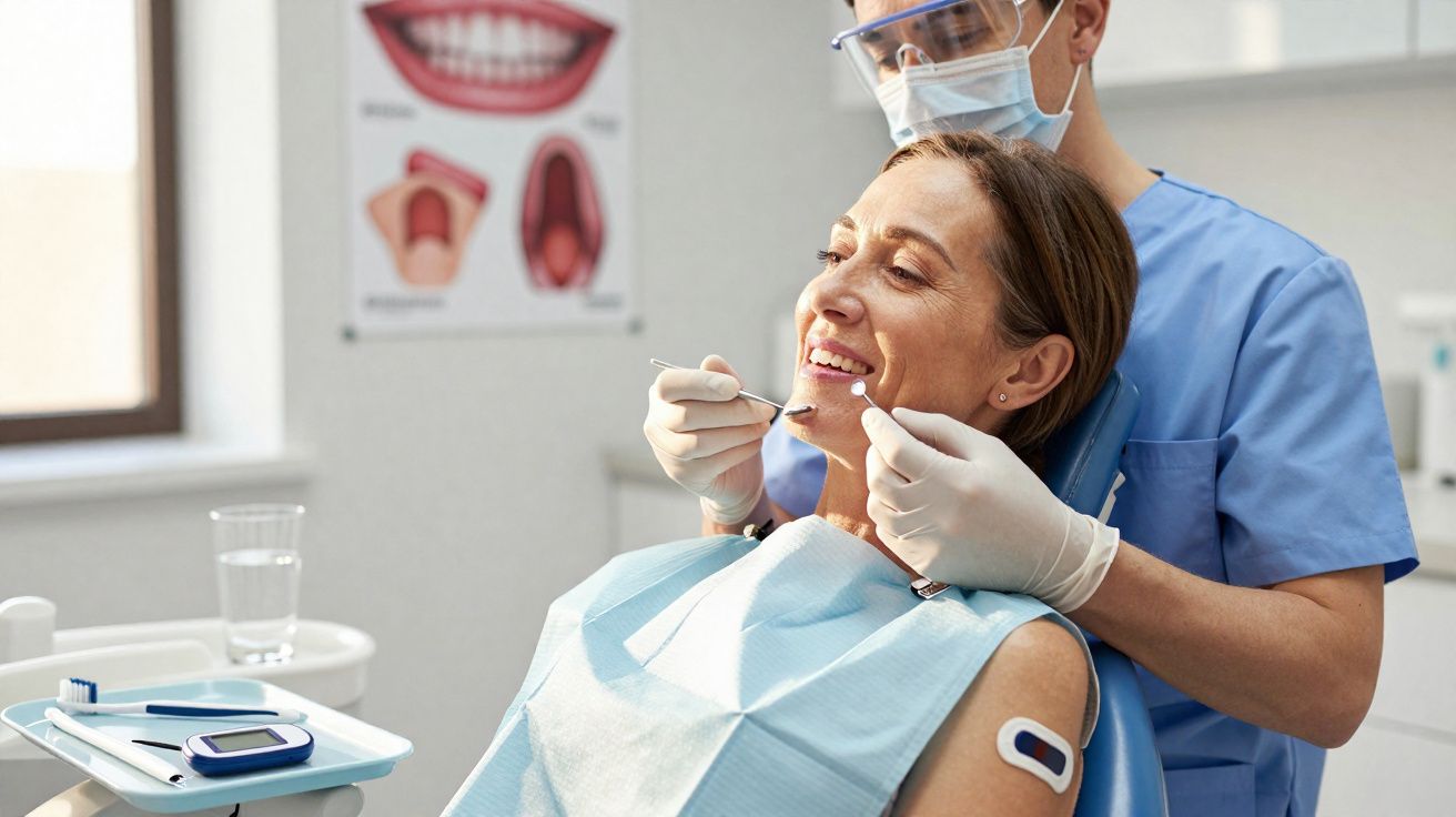 Dentista em máscara e jaleco azul examina dentes de paciente sorridente em cadeira odontológica.