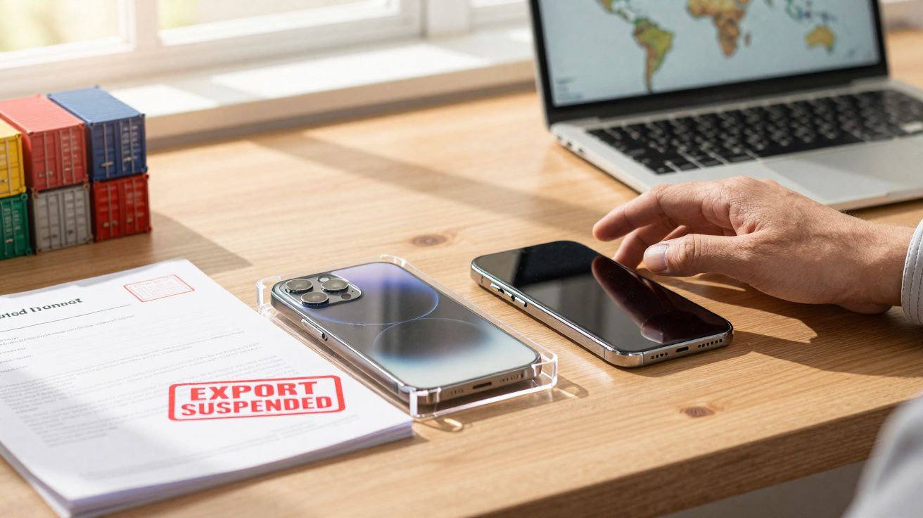 Documento com carimbo "exportação suspensa", dois celulares em cima da mesa e mão próxima a um deles.