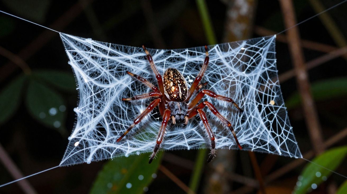 Aranha vermelha com detalhes brancos em teia retangular suspensa entre galhos em fundo escuro.