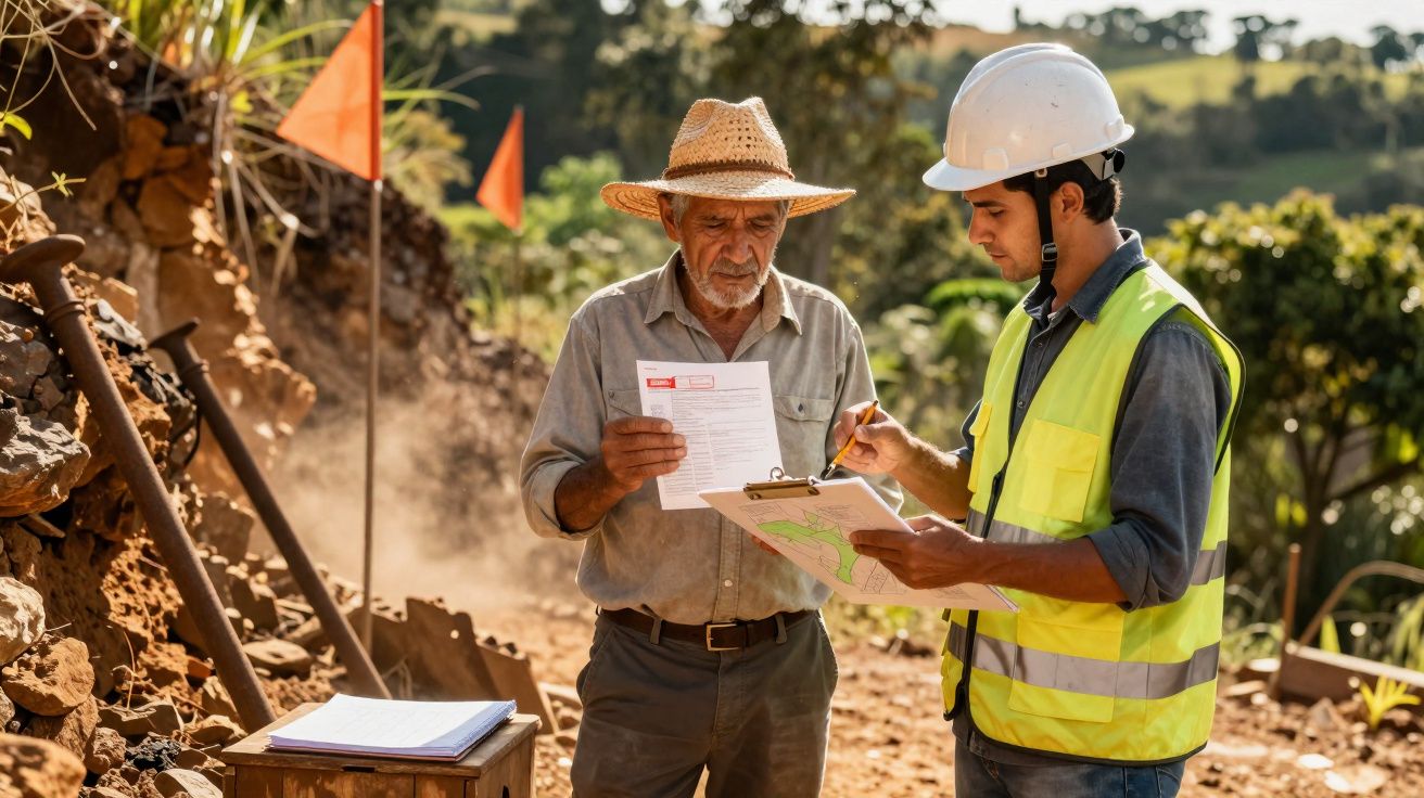 Homem com chapéu de palha e trabalhador com capacete discutem documento em área rural de construção.