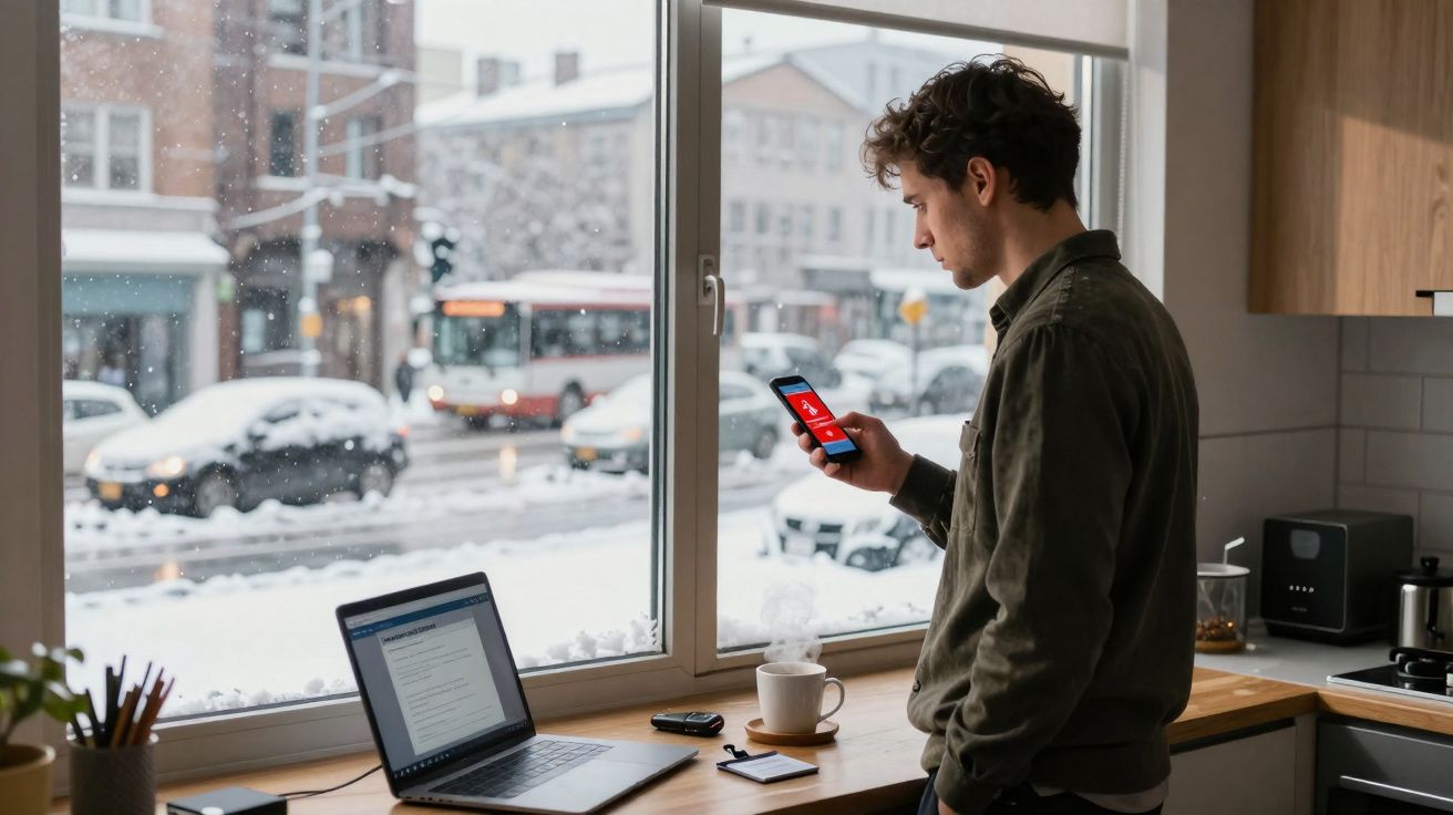 Homem usando celular ao lado de laptop em mesa próxima a janela com vista de rua e neve.