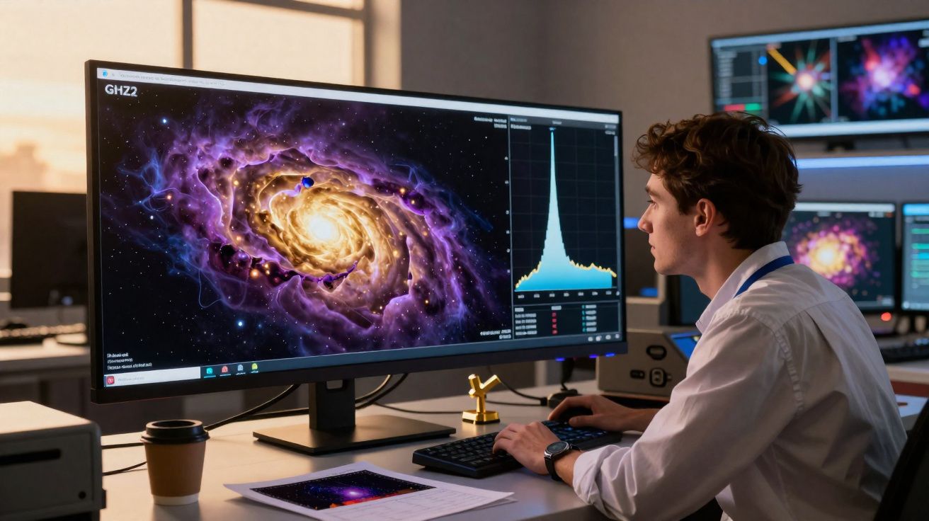 Jovem cientista analisa imagem colorida de galáxia espiral em computador moderno no laboratório.