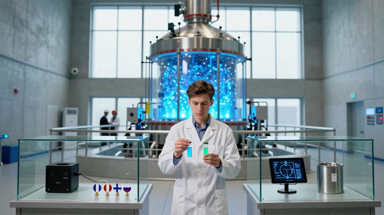 Cientista em laboratório moderno segurando tubos de ensaio com equipamento tecnológico ao fundo.