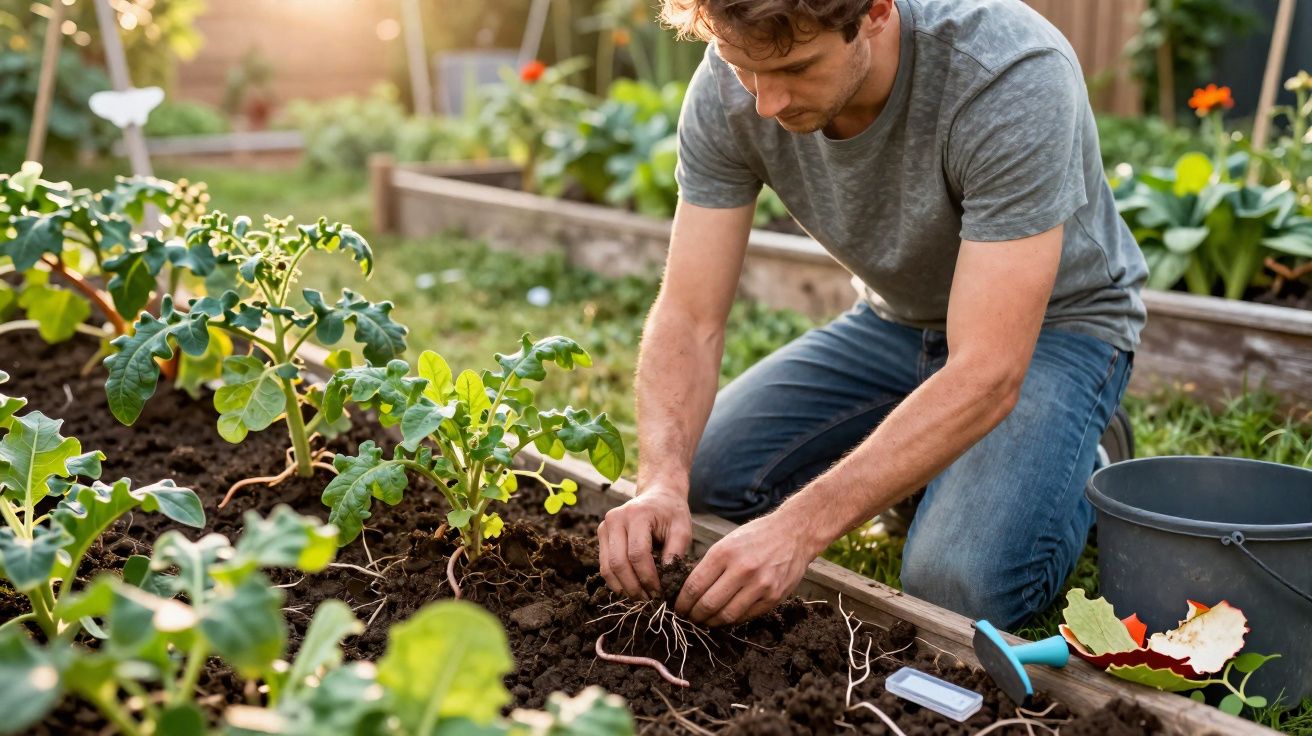 Homem agachado plantando muda em canteiro de jardim com plantas e utensílios ao redor.