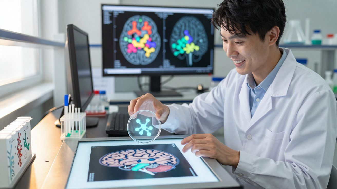 Cientista analisando imagens digitais do cérebro com gráficos coloridos em laboratório moderno.