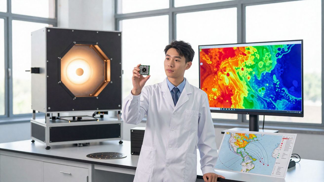 Homem de jaleco branco segura componente eletrônico em laboratório com equipamentos e mapas coloridos.