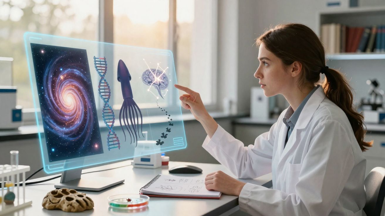 Mulher cientista em laboratório interagindo com tela holográfica exibindo galáxia, DNA, lula e cérebro.