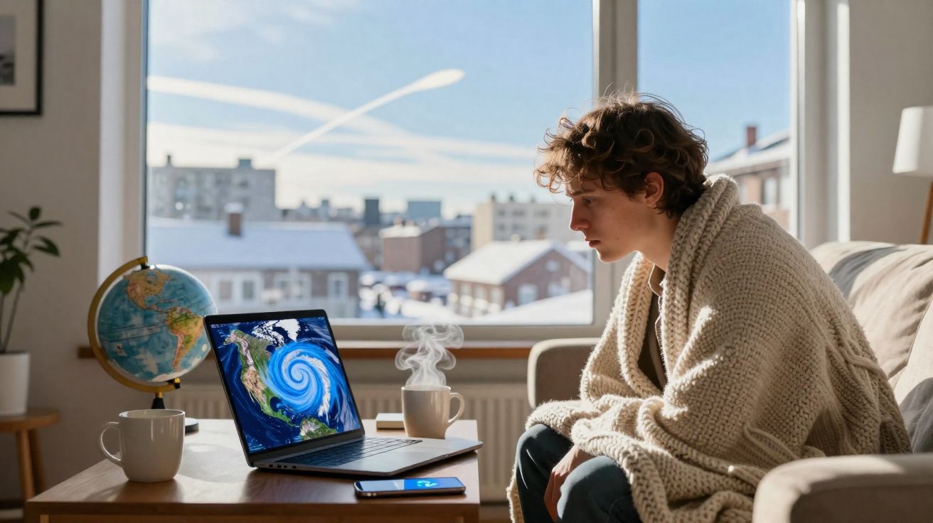 Jovem coberto com manta observa tempestade em mapa no laptop sentado em sofá próximo a janela.