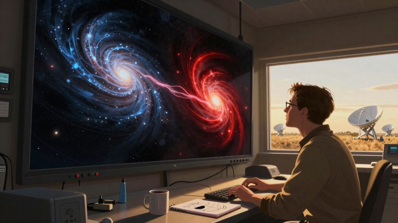 Pessoa observando duas galáxias espirais interagindo em tela grande dentro de sala com antenas parabólicas.