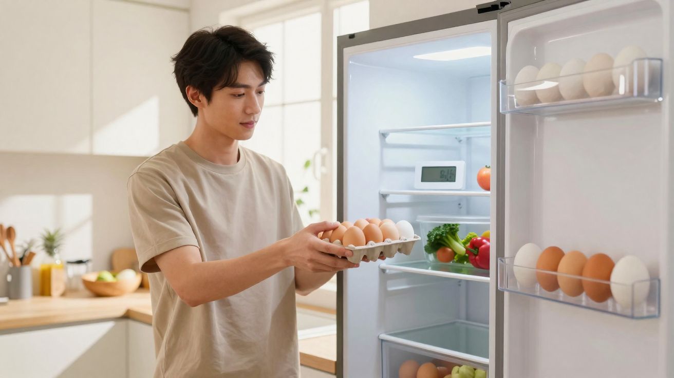 Jovem colocando cartela de ovos na geladeira cheia de ovos e vegetais em cozinha iluminada.