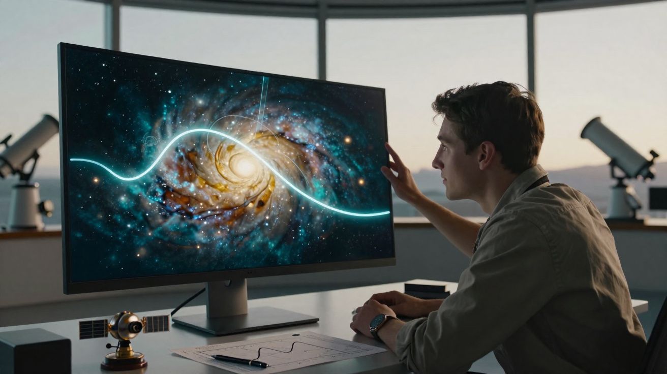 Homem observando monitor com imagem de galáxia e linha brilhante em ambiente com telescópios e mesa.