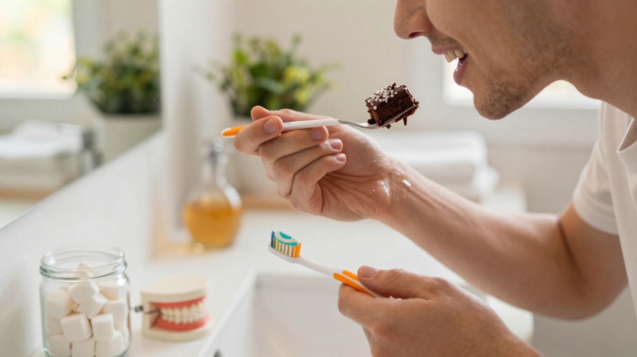 Homem segurando colher com pedaço de bolo próximo à boca e escova de dentes em outra mão no banheiro.