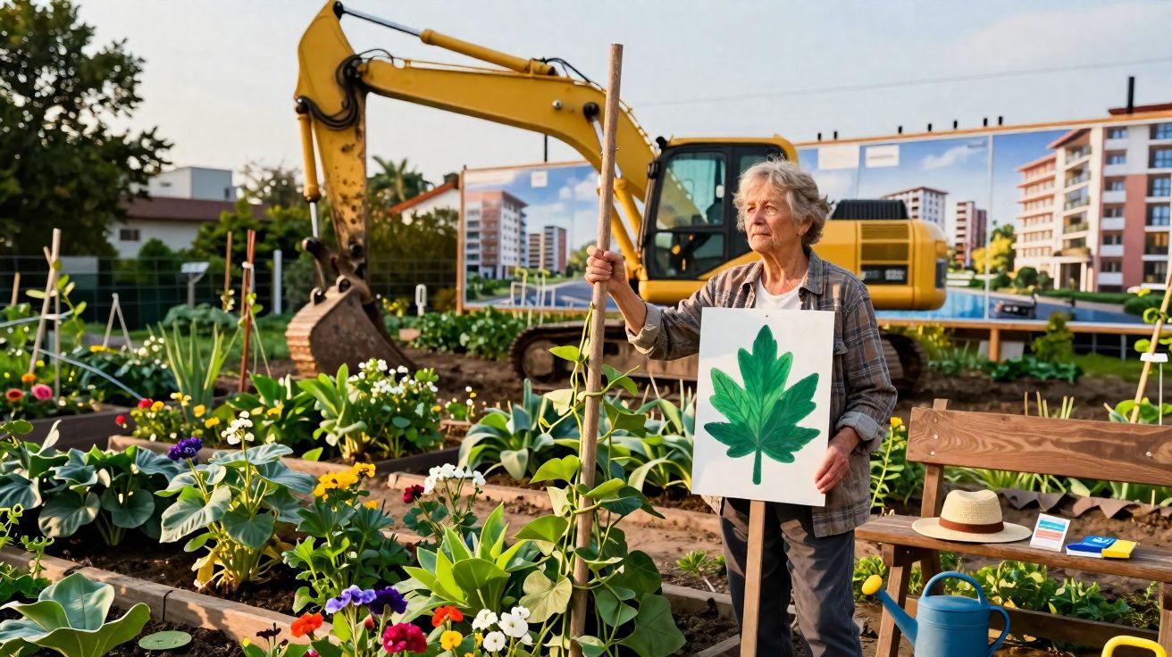 Mulher idosa em horta comunitária segura planta e desenho de folha, com escavadeira e prédios ao fundo.