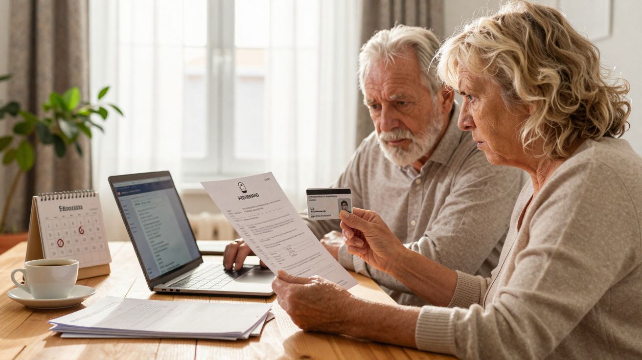 Casal idoso analisando currículo e documento de identidade em mesa com laptop e documentos.