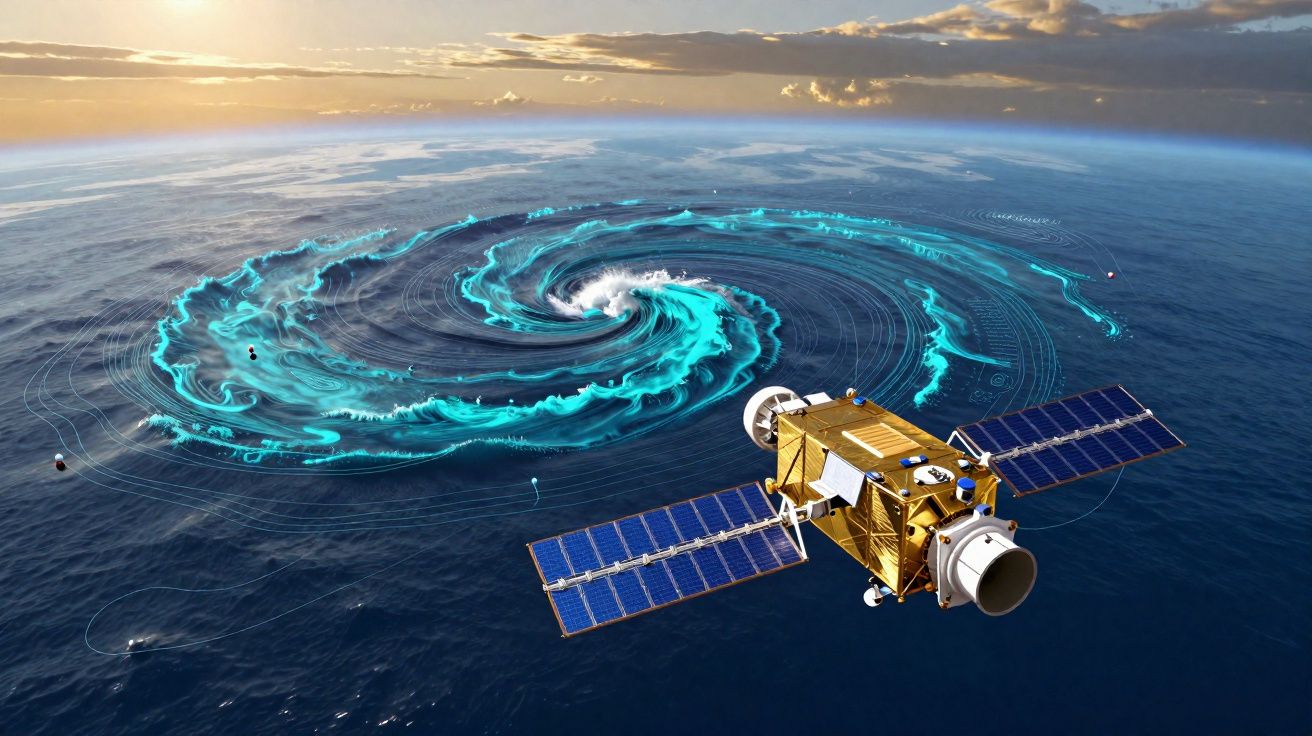 Satélite dourado sobre o oceano com um redemoinho azul brilhante e a Terra ao fundo.