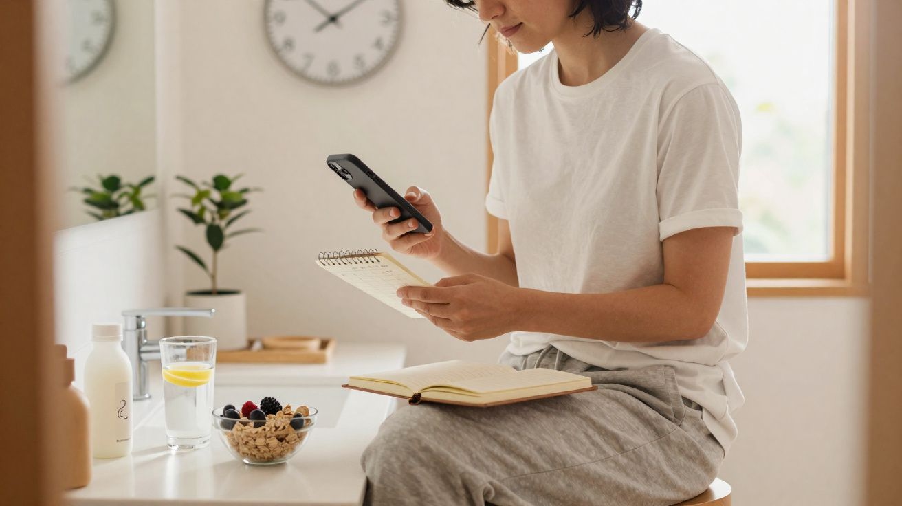 Pessoa sentada na cozinha com caderno e smartphone, com tigela de frutas e vidro de água na bancada.