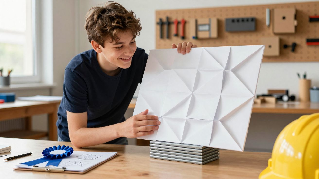 Adolescente sorri enquanto examina uma maquete arquitetônica branca dobrada sobre mesa de madeira.