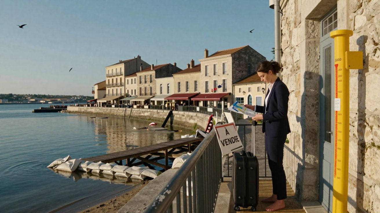 Mulher parada com mala na varanda à beira-mar, lendo mapa em frente à placa "À VENDE" em prédio de pedra.