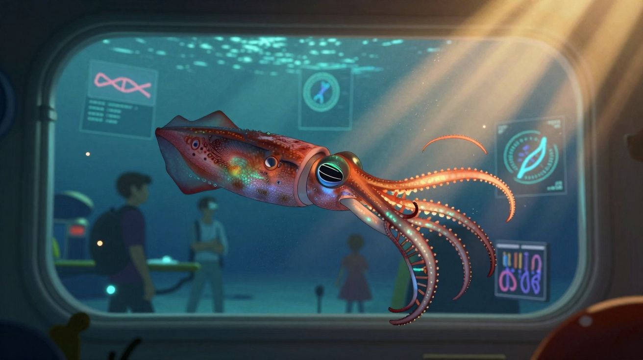 Lula colorida vista de um aquário futurista, com pessoas e telas digitais ao fundo.