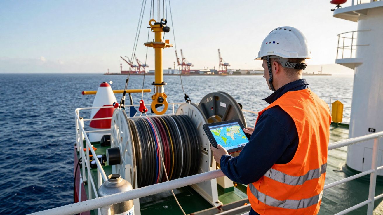 Homem com colete laranja e capacete branco usa tablet em navio com equipamento de cabos próximo ao mar.