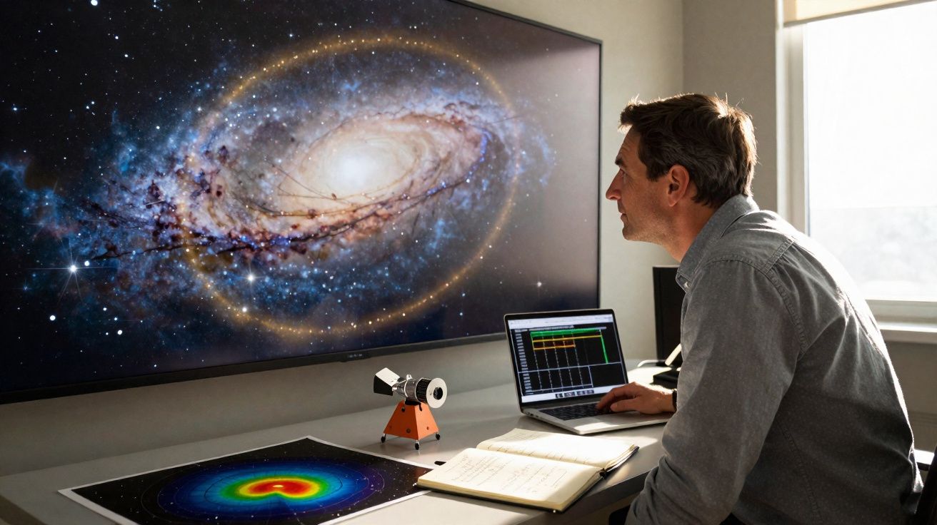 Homem analisando imagem de galáxia em tela grande com laptop e gráficos na mesa em ambiente iluminado.