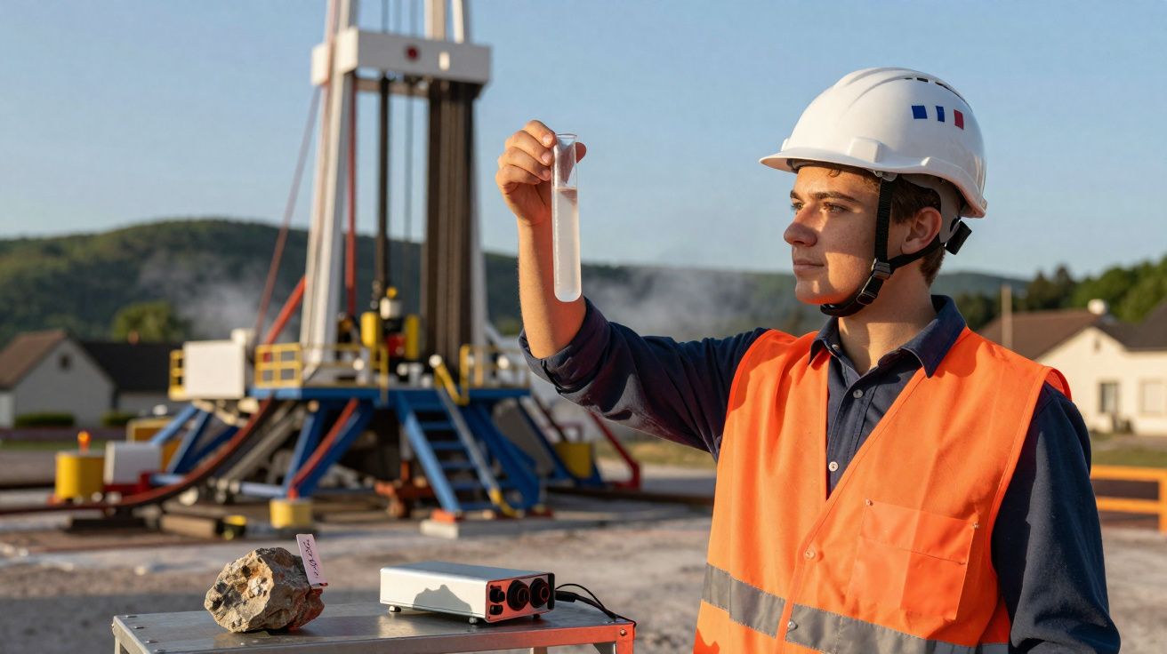 Homem com capacete e colete laranja segura tubo de ensaio em plataforma de perfuração ao ar livre.