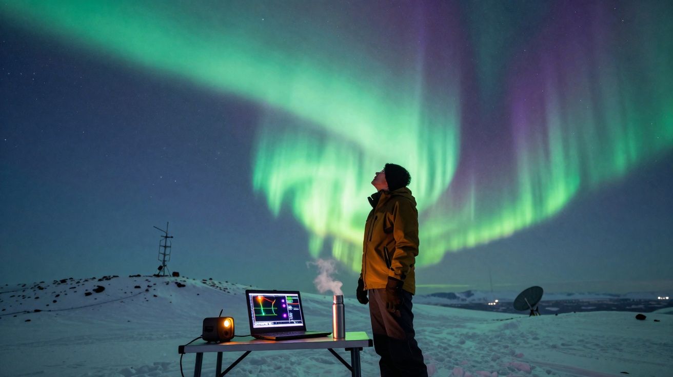 Pessoa observando aurora boreal em paisagem nevada com laptop e termômetro sobre mesa ao ar livre.
