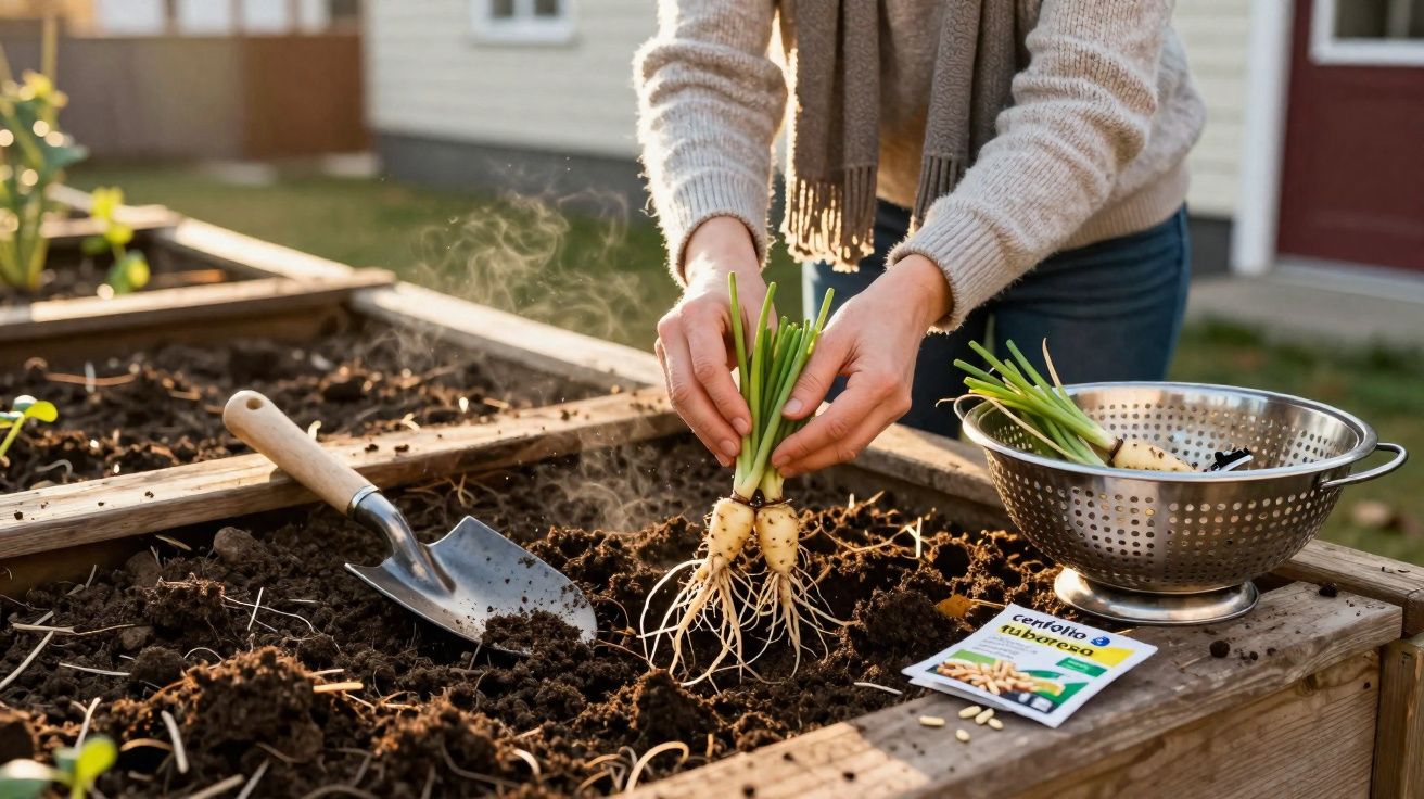 Pessoa colhendo gengibre fresco em canteiro de madeira, com pá e sementes ao lado, em jardim caseiro.