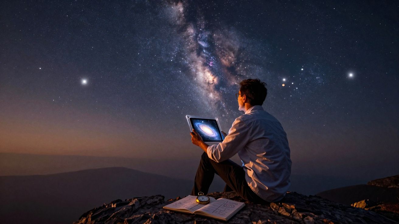 Homem observando a Via Láctea à noite no topo de montanha, com tablet e caderno aberto ao lado.
