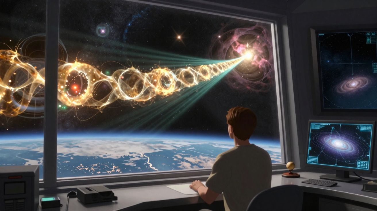 Homem observa fenômeno espacial com ondas e luzes saindo do planeta Terra em estação espacial.