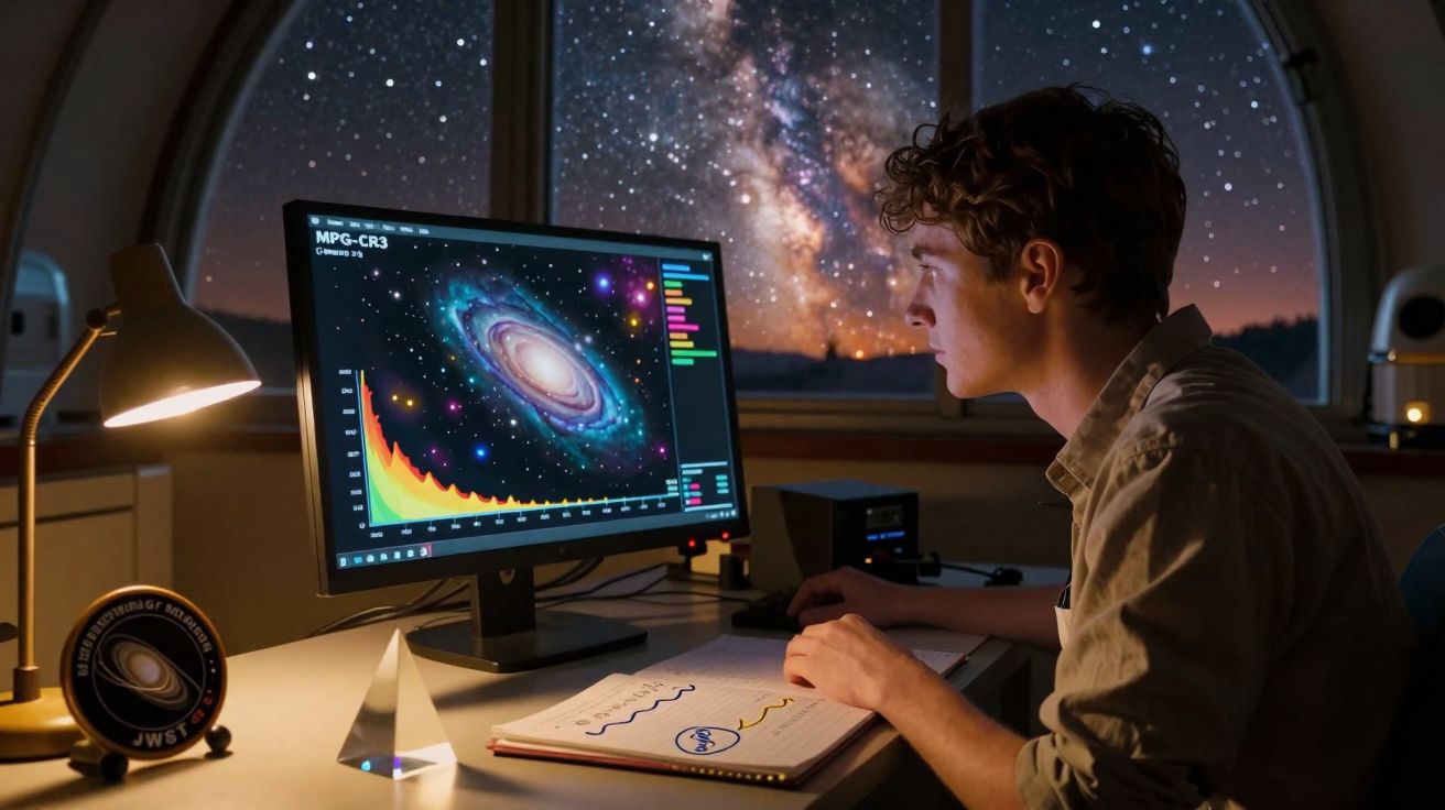 Jovem estudando astronomia em computador, com galáxia na tela e céu estrelado ao fundo.