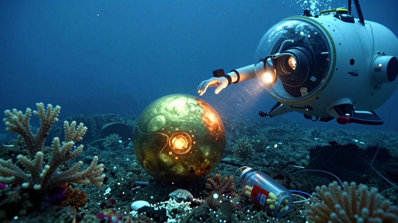 Veículo subaquático explorando uma esfera dourada no fundo do mar entre corais e objetos.