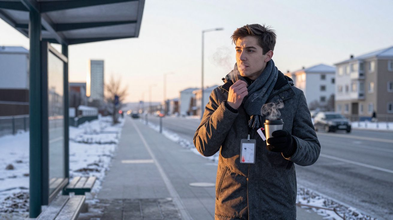 Homem jovem, vestido com casaco e cachecol, segurando copo quente em parada de ônibus com neve ao redor.
