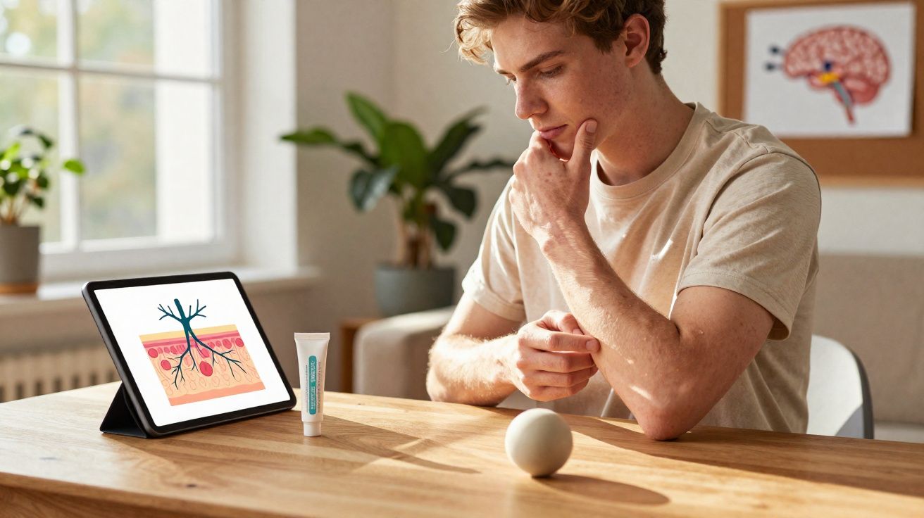 Jovem estudando estrutura da pele em tablet, com tubo de creme e bola branca sobre mesa de madeira.