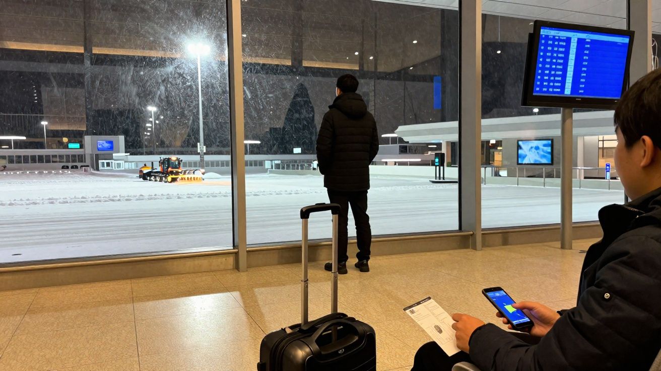 Pessoa de pé observa pista de aeroporto coberta de neve, enquanto outra senta usando celular e segurando documento.