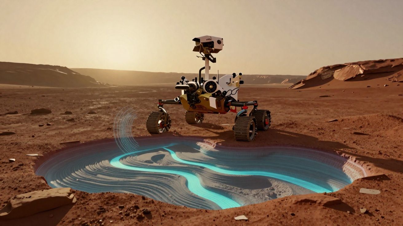 Rover explorando solo marciano com relevo geológico iluminado em azul sob céu alaranjado ao pôr do sol.