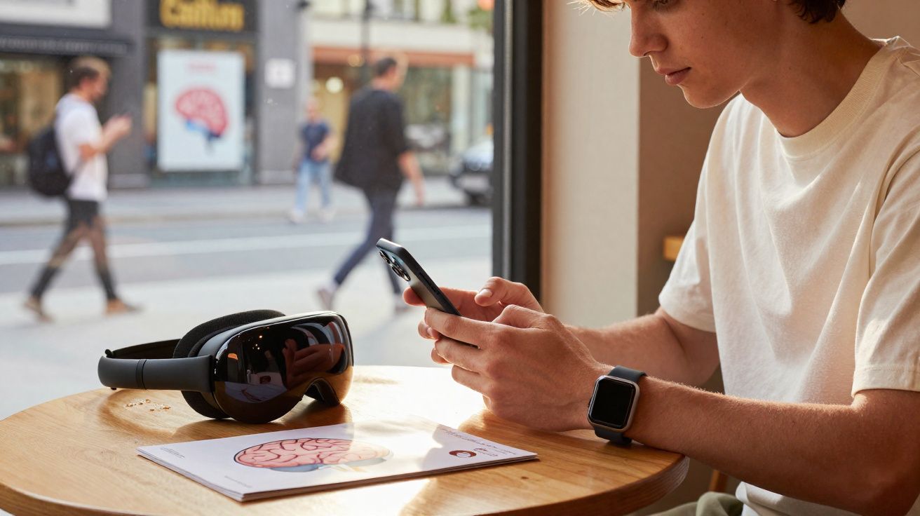 Jovem sentado à mesa, usando smartphone, com fones de ouvido e revista com imagem de cérebro à frente.