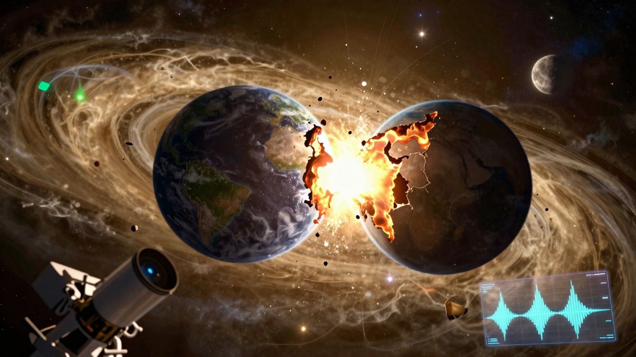 Ilustração da colisão da Terra com outro planeta no espaço, com explosão e anéis cósmicos ao fundo.